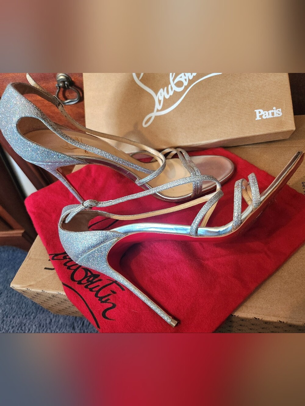 CHRISTIAN LOUBOUTIN GYWINITTA 100 SILVER STRAPPY STILETTO SANDALS 41.5 BOX GREAT